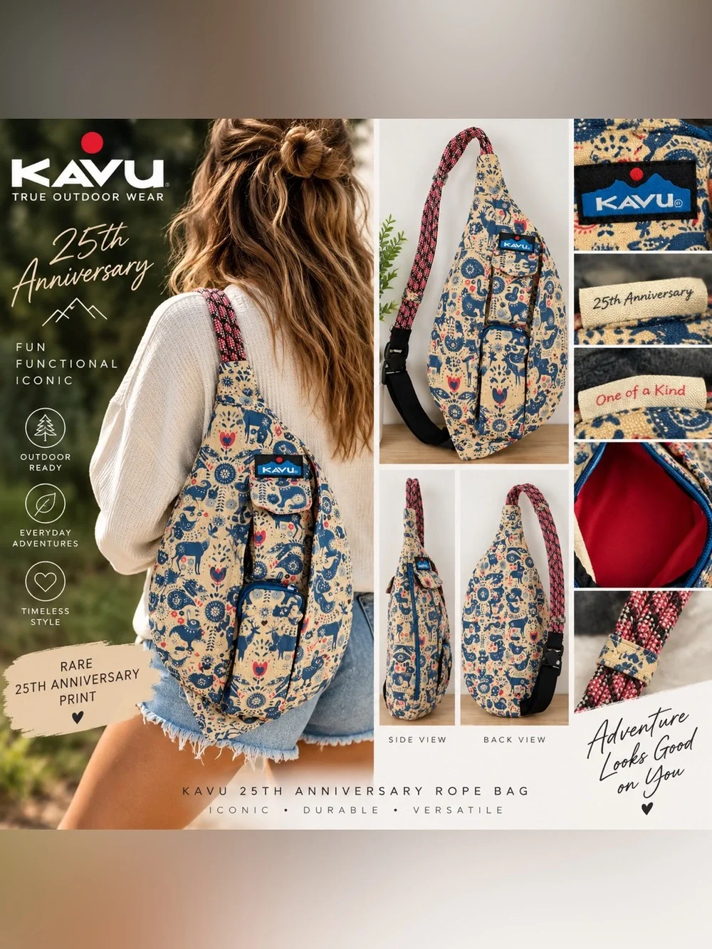 RARE Kavu 25th Anniversary Critter Tale Rope Bag Rare Animal Folk Print Sling